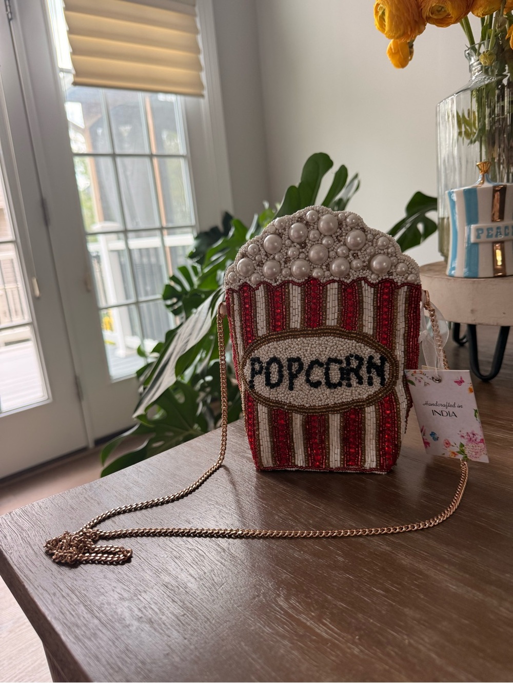 Beaded Popcorn Crossbody Bag in Red, White & Gold